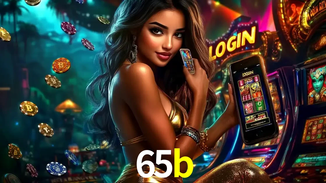 Mulher em um cenário de cassino temático de aventura, mostrando o app de caça-níqueis da 65b no celular. Fichas de apostas flutuam ao redor.