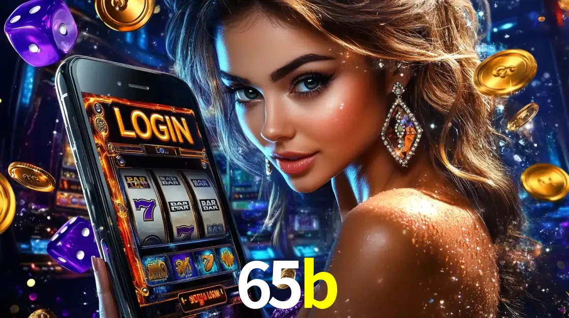 Mulher glamorosa segurando um smartphone com a tela de login para os jogos de caça-níqueis do cassino online 65b, com moedas de ouro e dados ao redor.