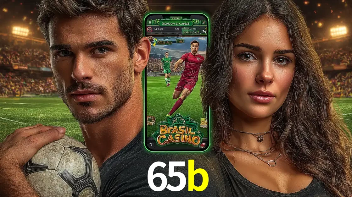 Homem segurando uma bola de futebol e uma mulher ao lado de um smartphone exibindo o jogo de apostas esportivas da 65b. Faça seu palpite no cassino online.